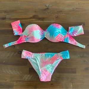 Exhilaration bright neon floral pink & blue 2 piece bikini set NEW